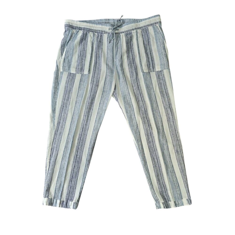 Old Navy Pants Womens L White Blue Striped Linen Blend Wide Leg Pull On Pockets